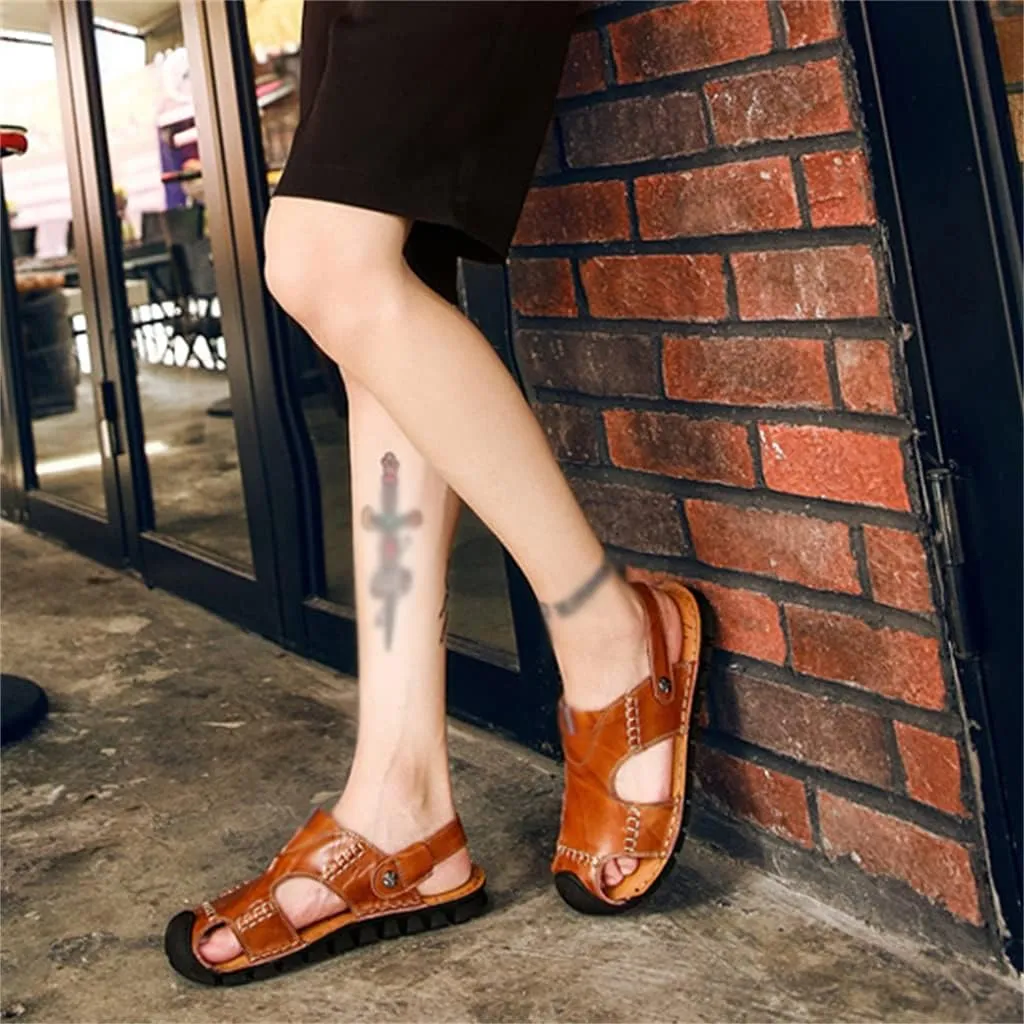 Men Beach Genuine Leather Sandals Shoes Outdoor Hiking Climbing Comfortable Male Soft(39)