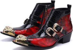 Men's Chelsea Boots - Genuine Leather Western Ankle Boots with Metal Tip-Toe, Zipper & Buckle - Two-Tone Dress & Casual Boots for Party, Disco & Singer