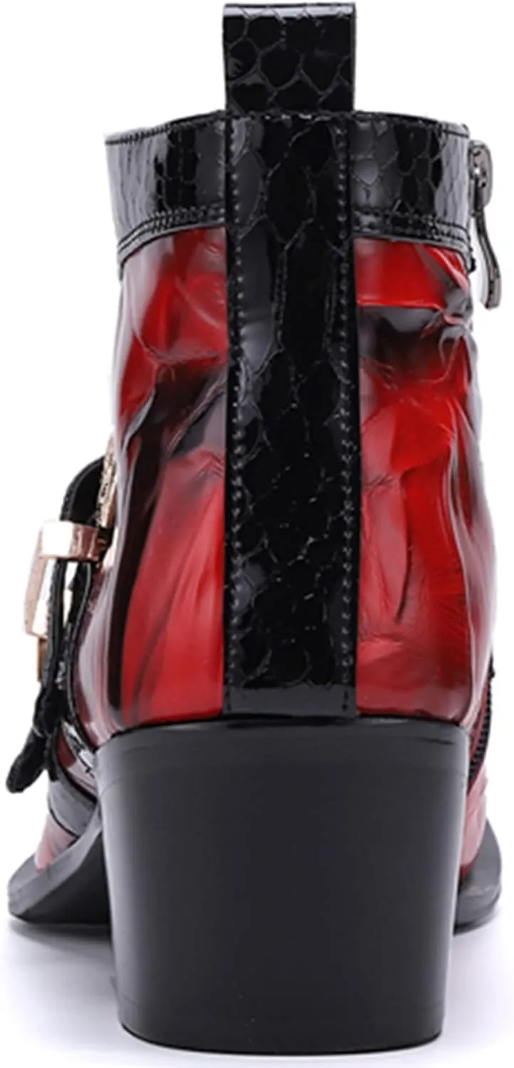 Men's Chelsea Boots - Genuine Leather Western Ankle Boots with Metal Tip-Toe, Zipper & Buckle - Two-Tone Dress & Casual Boots for Party, Disco & Singer