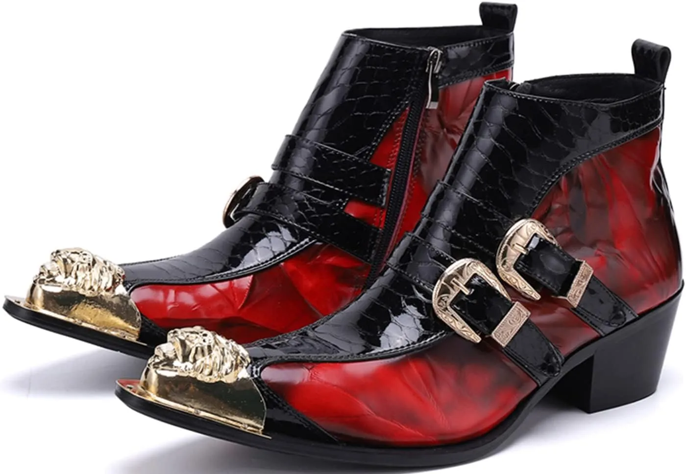 Men's Chelsea Boots - Genuine Leather Western Ankle Boots with Metal Tip-Toe, Zipper & Buckle - Two-Tone Dress & Casual Boots for Party, Disco & Singer