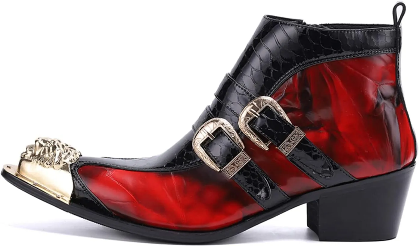 Men's Chelsea Boots - Genuine Leather Western Ankle Boots with Metal Tip-Toe, Zipper & Buckle - Two-Tone Dress & Casual Boots for Party, Disco & Singer