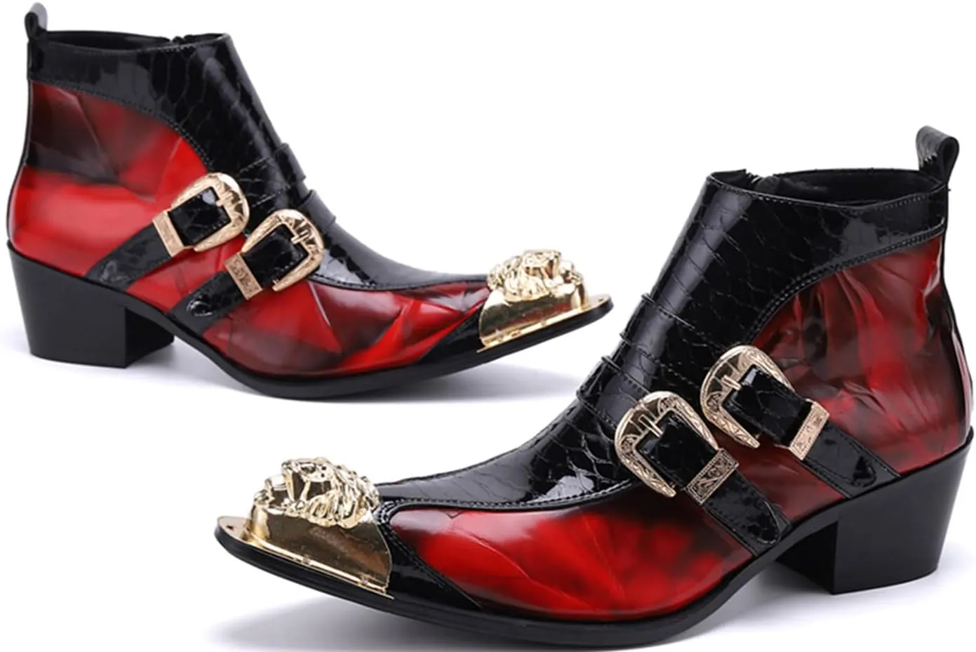 Men's Chelsea Boots - Genuine Leather Western Ankle Boots with Metal Tip-Toe, Zipper & Buckle - Two-Tone Dress & Casual Boots for Party, Disco & Singer
