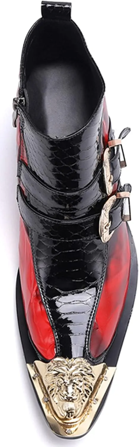 Men's Chelsea Boots - Genuine Leather Western Ankle Boots with Metal Tip-Toe, Zipper & Buckle - Two-Tone Dress & Casual Boots for Party, Disco & Singer
