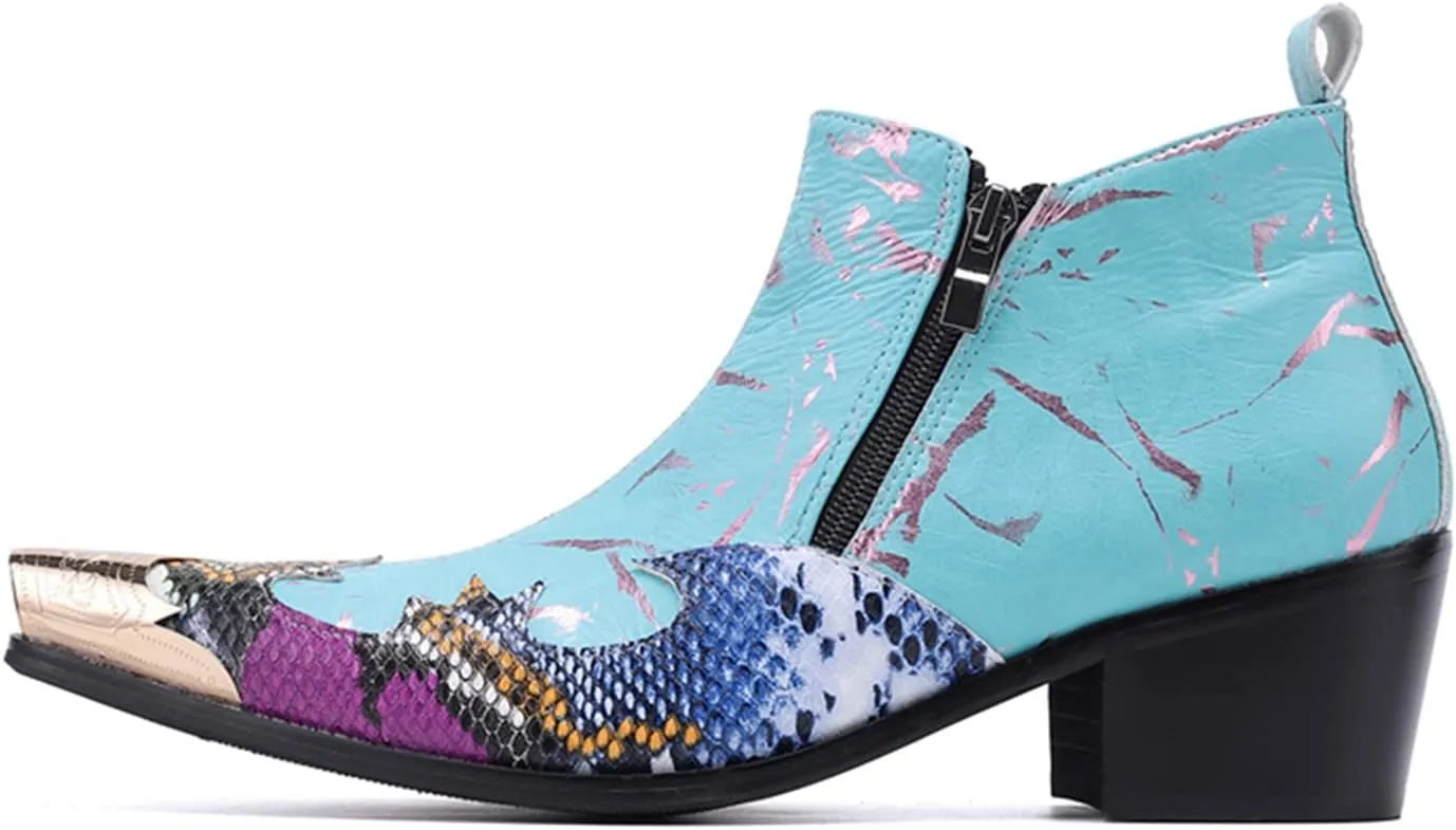 Men's Chelsea Boots - Leather Western Ankle Boots with Metal Tip-Toe, Buckles & Zipper - Two-Tone Dress & Casual Boots for Party, Disco, Wedding, Prom & Singer