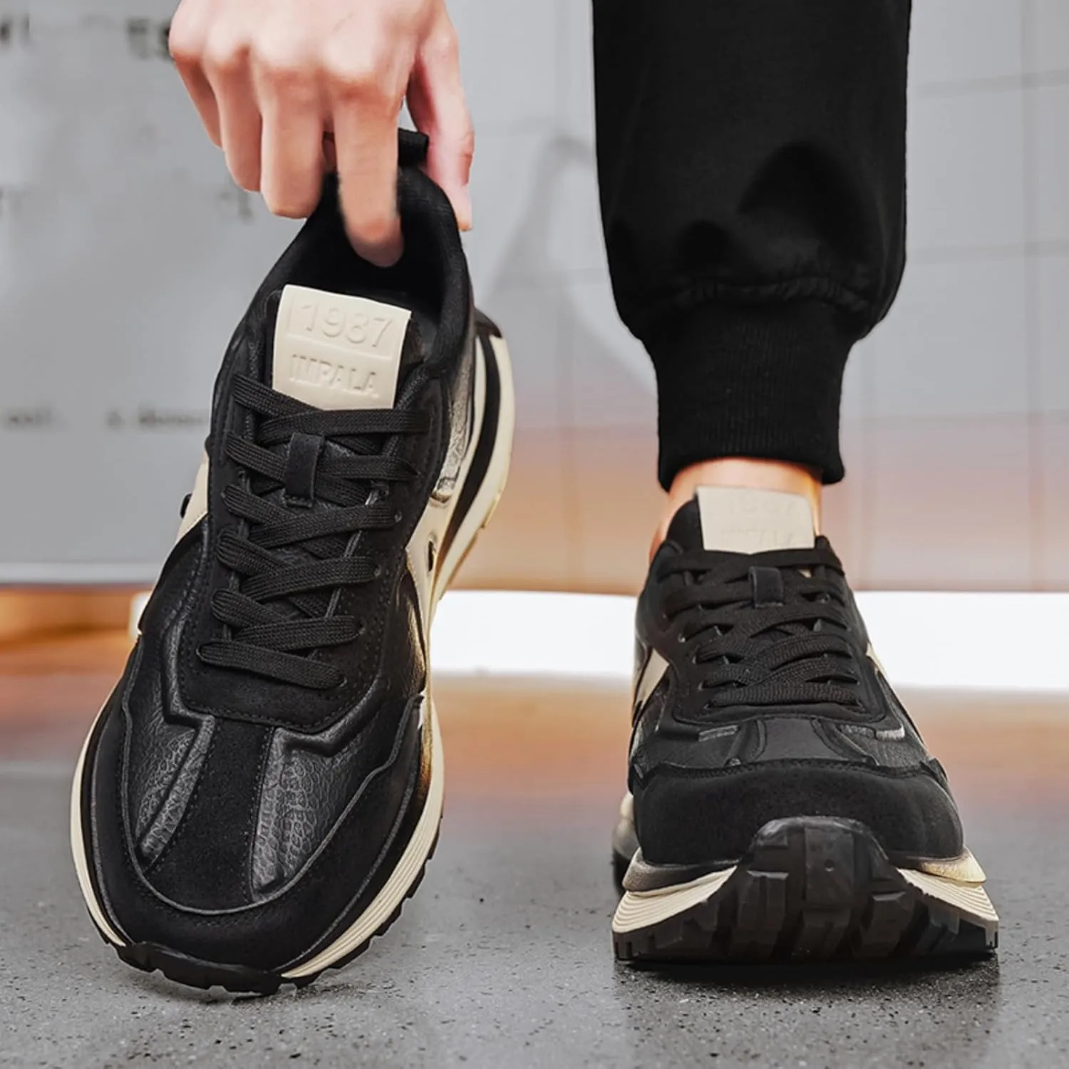 Mens Fashion Lace-Up Platform Sneakers Low-Top Round Toe Non Slip Casual Chunky Shoes for Gym Sports Tennis Jogging Running Walking