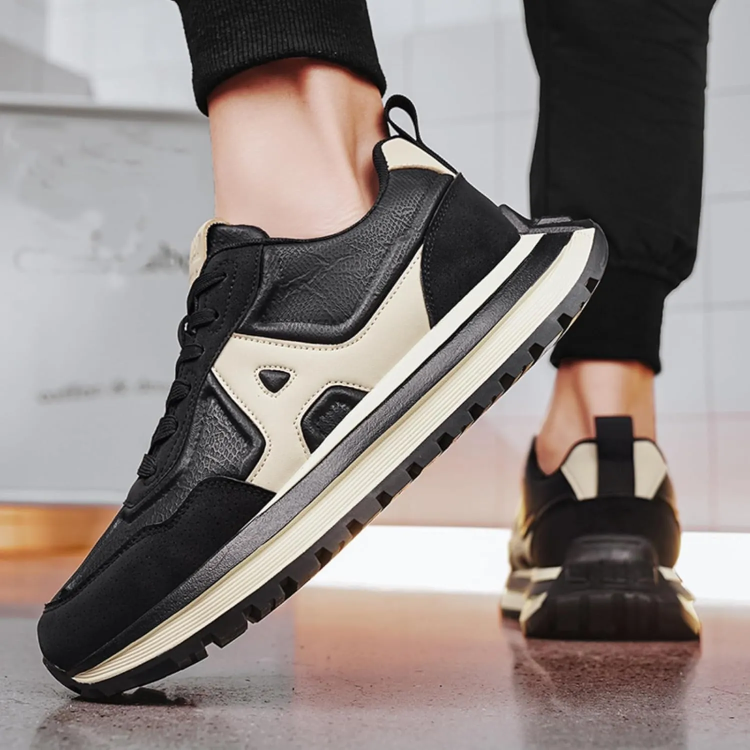 Mens Fashion Lace-Up Platform Sneakers Low-Top Round Toe Non Slip Casual Chunky Shoes for Gym Sports Tennis Jogging Running Walking