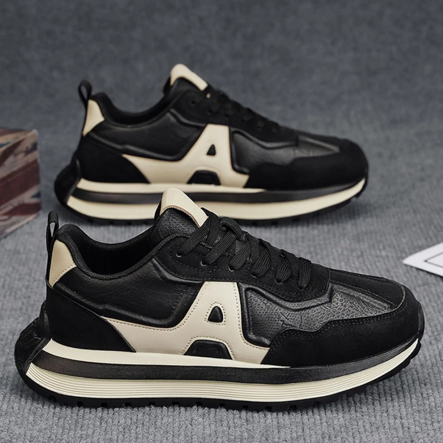 Mens Fashion Lace-Up Platform Sneakers Low-Top Round Toe Non Slip Casual Chunky Shoes for Gym Sports Tennis Jogging Running Walking