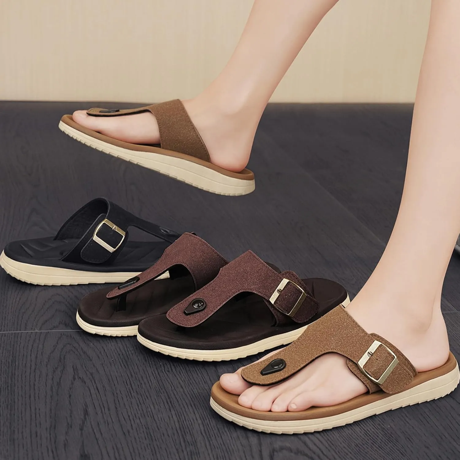 Mens Flip Flops Arch Support Sandals with Adjustable Buckle Straps Thick Athletic Cushion Sport Slides for Man Non-Slip Mens Beach Slipper Lightweight & Soft Comfort Fit