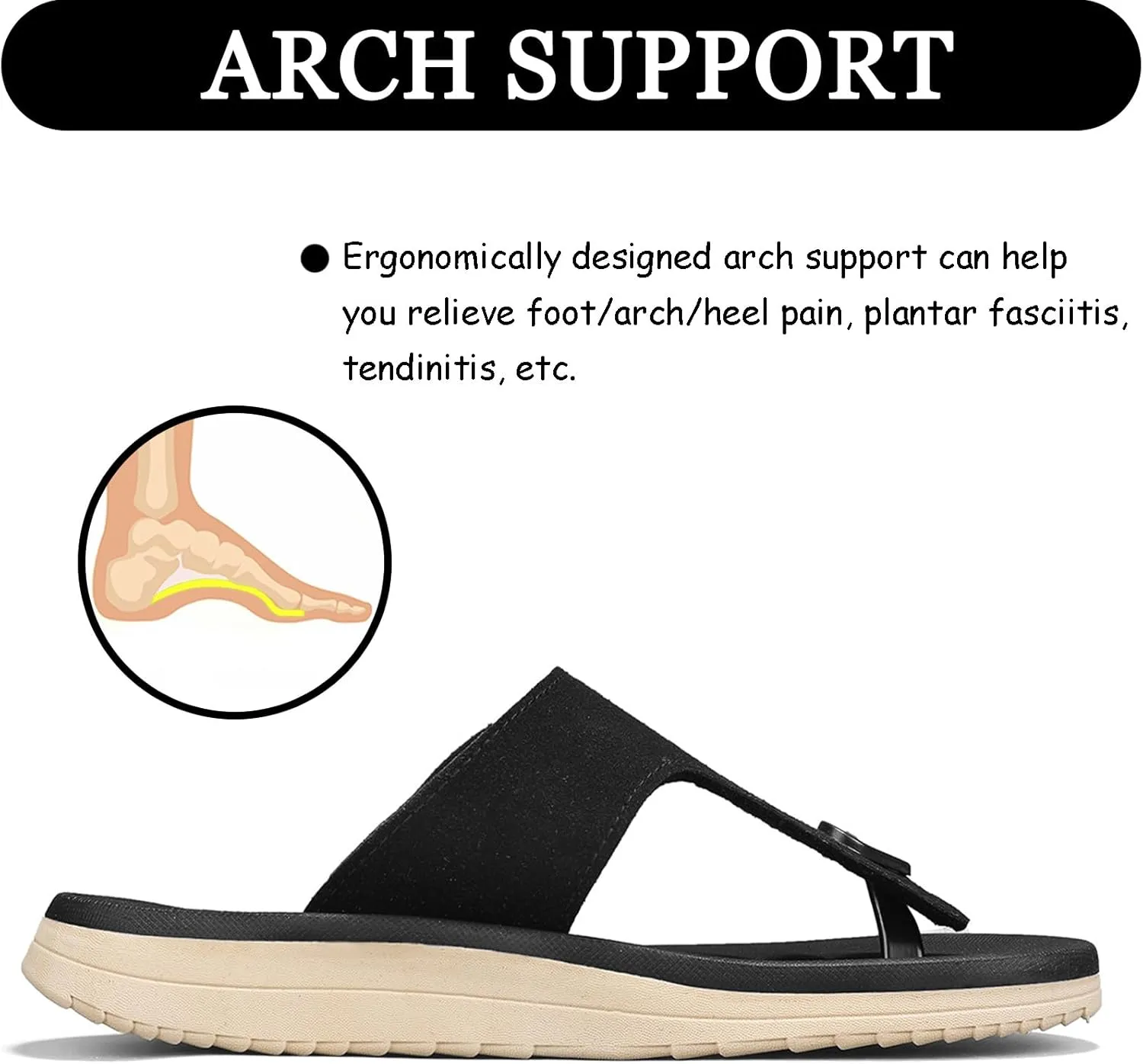 Mens Flip Flops Arch Support Sandals with Adjustable Buckle Straps Thick Athletic Cushion Sport Slides for Man Non-Slip Mens Beach Slipper Lightweight & Soft Comfort Fit
