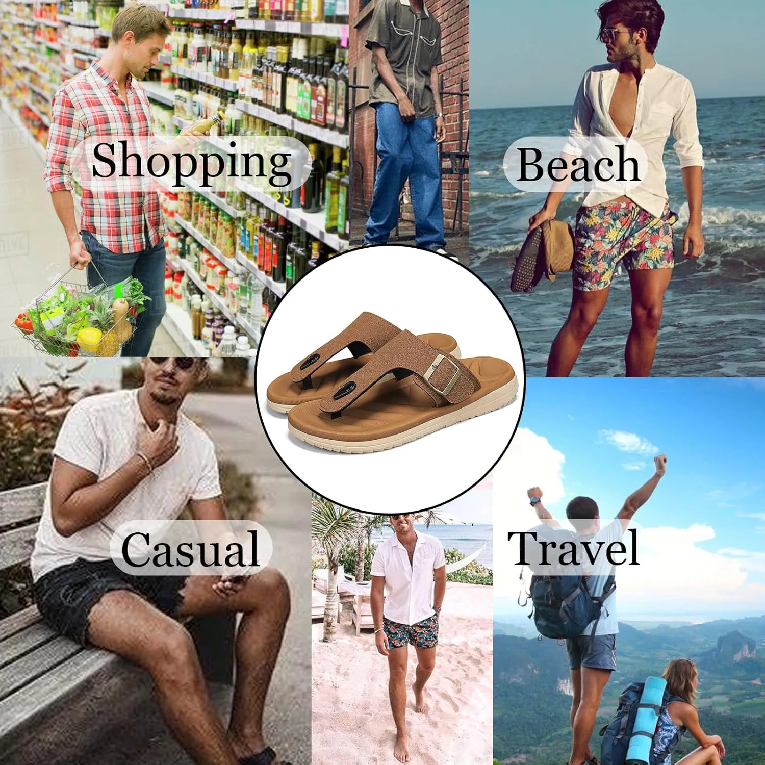 Mens Flip Flops Arch Support Sandals with Adjustable Buckle Straps Thick Athletic Cushion Sport Slides for Man Non-Slip Mens Beach Slipper Lightweight & Soft Comfort Fit