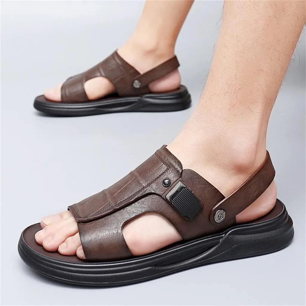 Men's Leather Sandals Dual-Purpose Shoes Beach Summmer Flats Man Slides Leisure Walk Men Slippers(39)