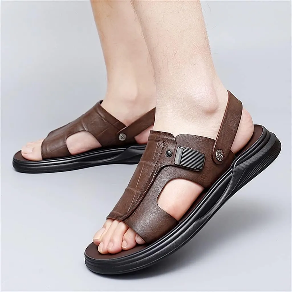 Men's Leather Sandals Dual-Purpose Shoes Beach Summmer Flats Man Slides Leisure Walk Men Slippers(39)