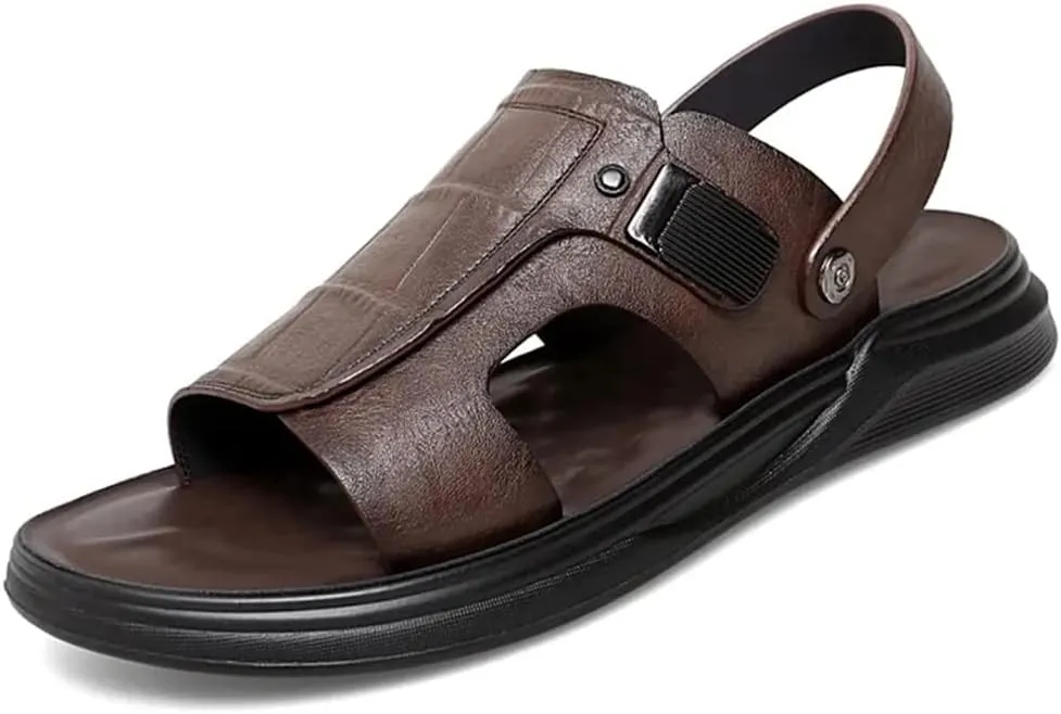 Men's Leather Sandals Dual-Purpose Shoes Beach Summmer Flats Man Slides Leisure Walk Men Slippers(39)