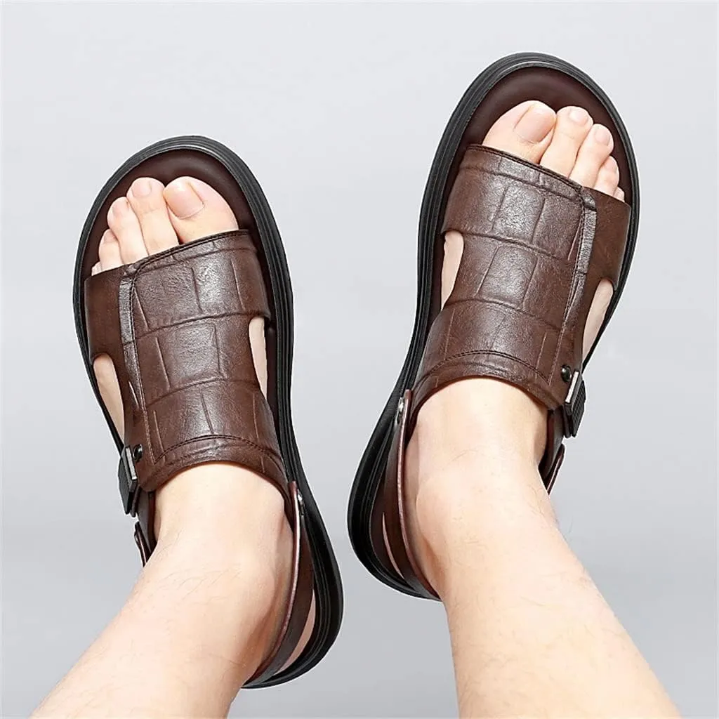 Men's Leather Sandals Dual-Purpose Shoes Beach Summmer Flats Man Slides Leisure Walk Men Slippers(39)