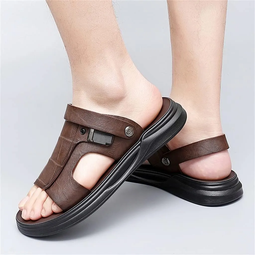 Men's Leather Sandals Dual-Purpose Shoes Beach Summmer Flats Man Slides Leisure Walk Men Slippers(39)