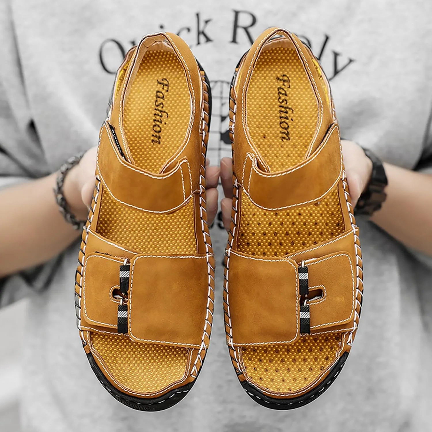 Mens Leather Sandals Hollow Closed Toe Summer Outdoor Casual Beach Shoes