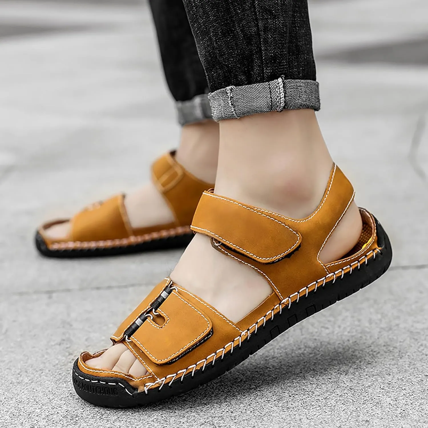 Mens Leather Sandals Hollow Closed Toe Summer Outdoor Casual Beach Shoes