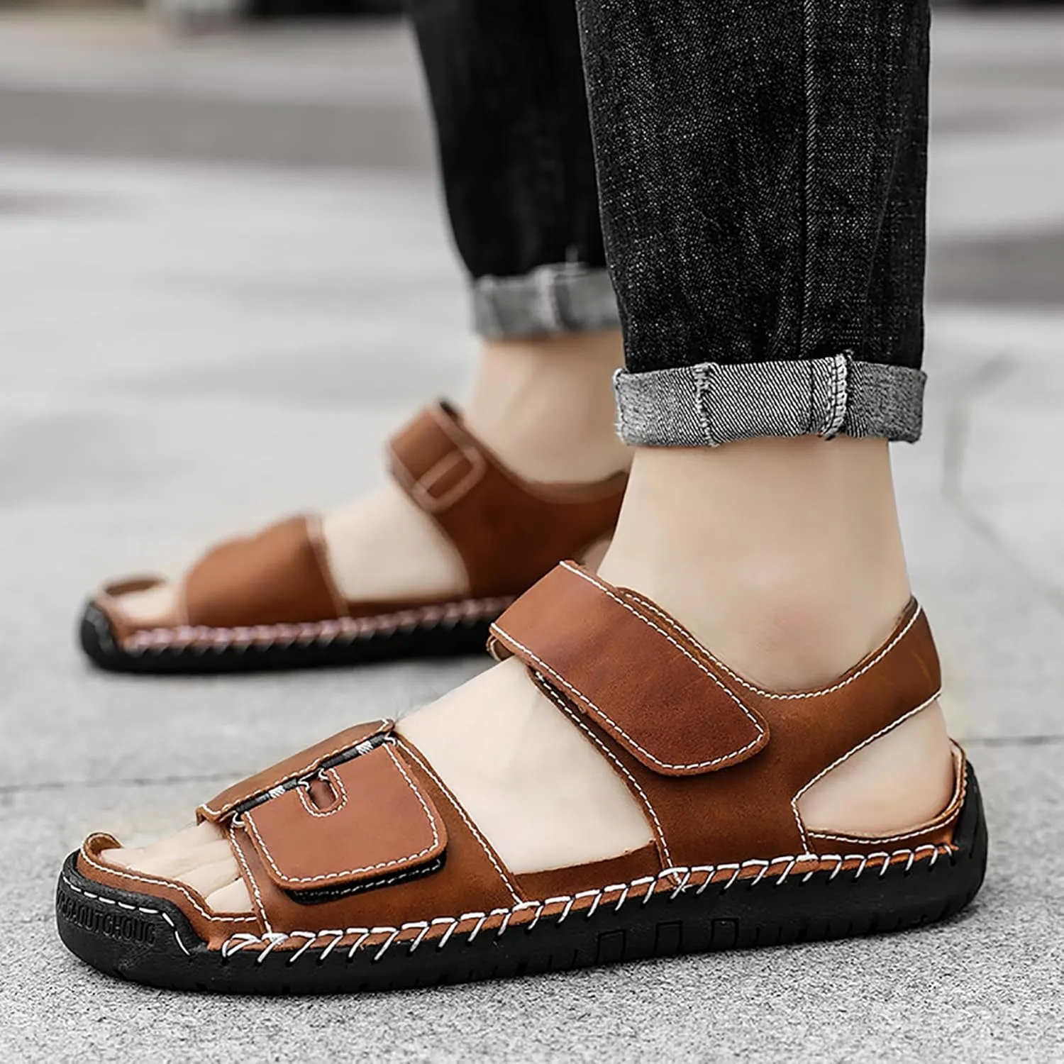 Mens Leather Sandals Hollow Closed Toe Summer Outdoor Casual Beach Shoes