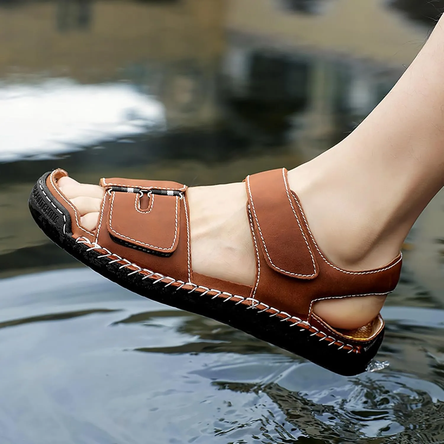Mens Leather Sandals Hollow Closed Toe Summer Outdoor Casual Beach Shoes