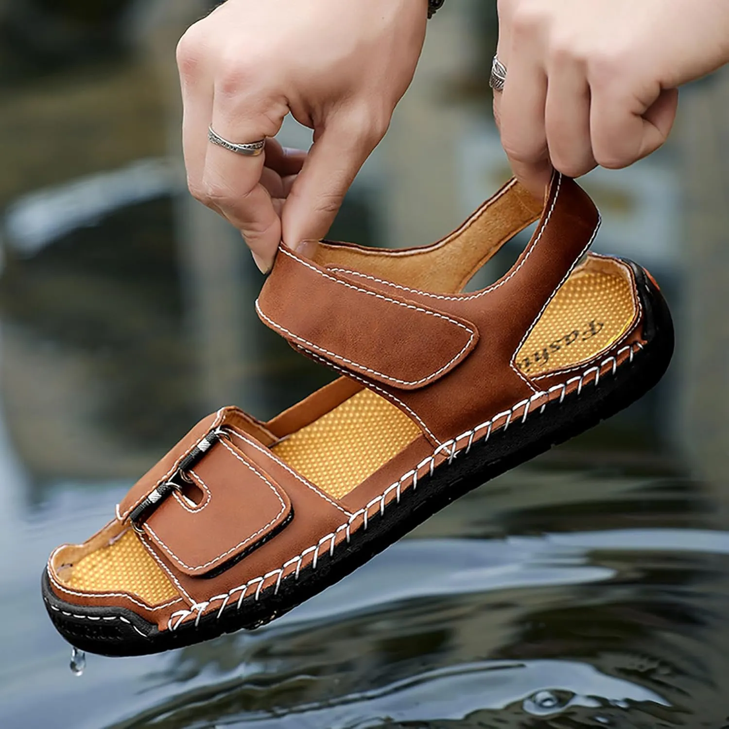 Mens Leather Sandals Hollow Closed Toe Summer Outdoor Casual Beach Shoes