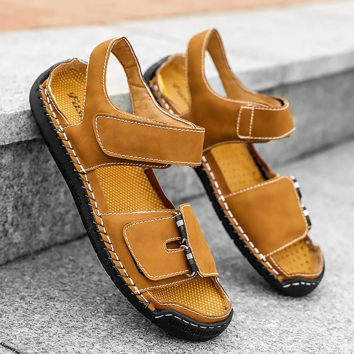 Mens Leather Sandals Hollow Closed Toe Summer Outdoor Casual Beach Shoes