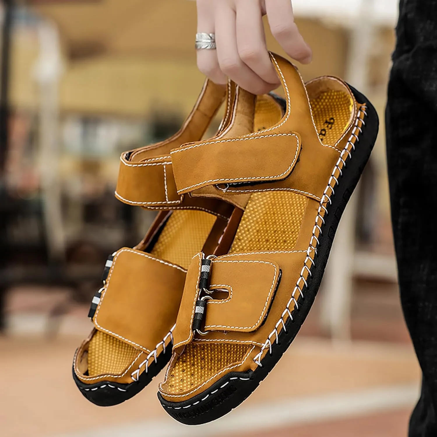 Mens Leather Sandals Hollow Closed Toe Summer Outdoor Casual Beach Shoes