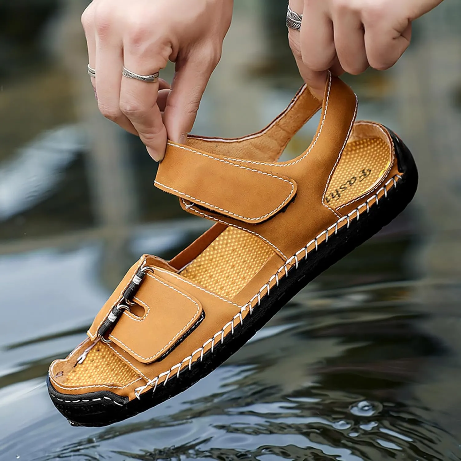 Mens Leather Sandals Hollow Closed Toe Summer Outdoor Casual Beach Shoes