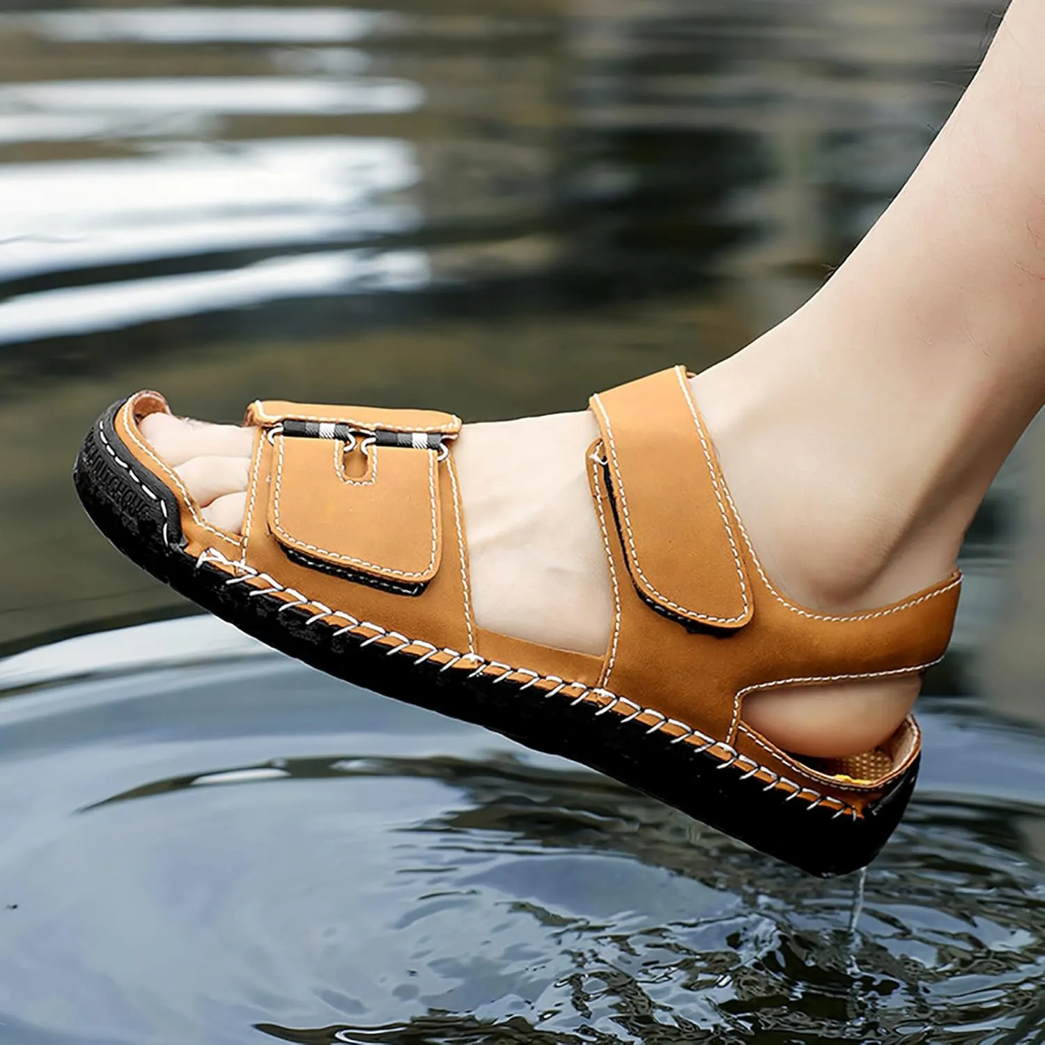 Mens Leather Sandals Hollow Closed Toe Summer Outdoor Casual Beach Shoes
