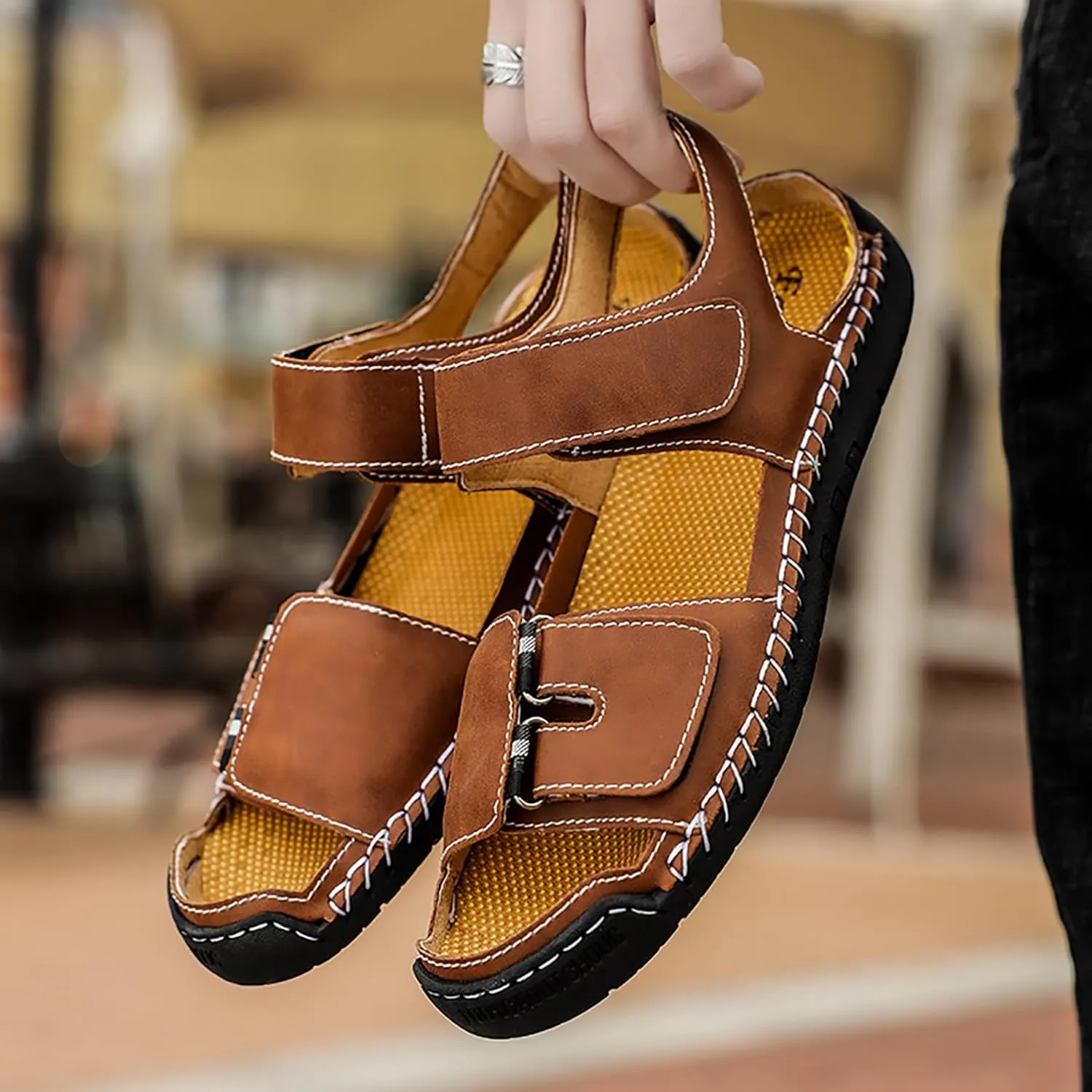 Mens Leather Sandals Hollow Closed Toe Summer Outdoor Casual Beach Shoes
