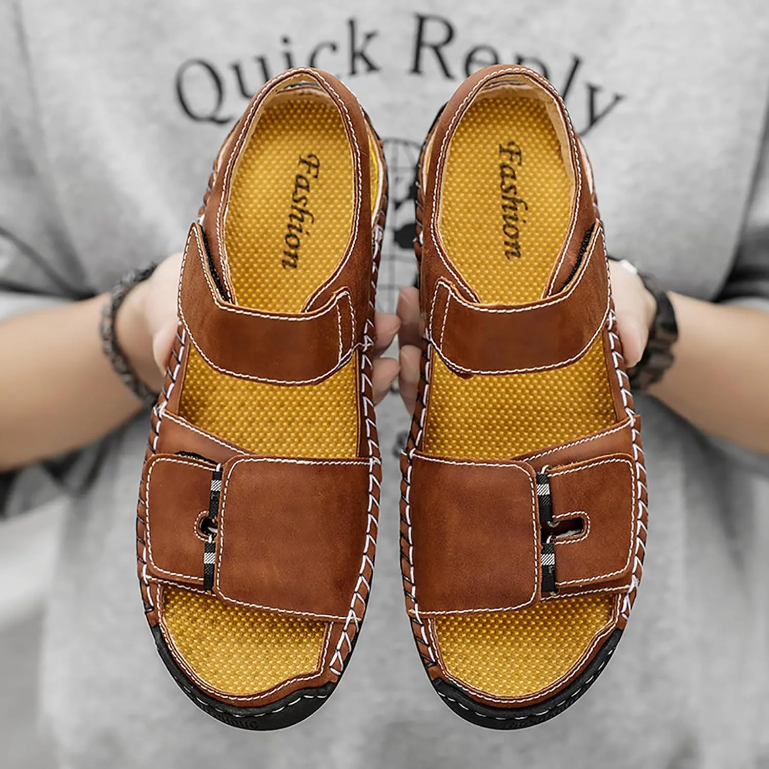 Mens Leather Sandals Hollow Closed Toe Summer Outdoor Casual Beach Shoes