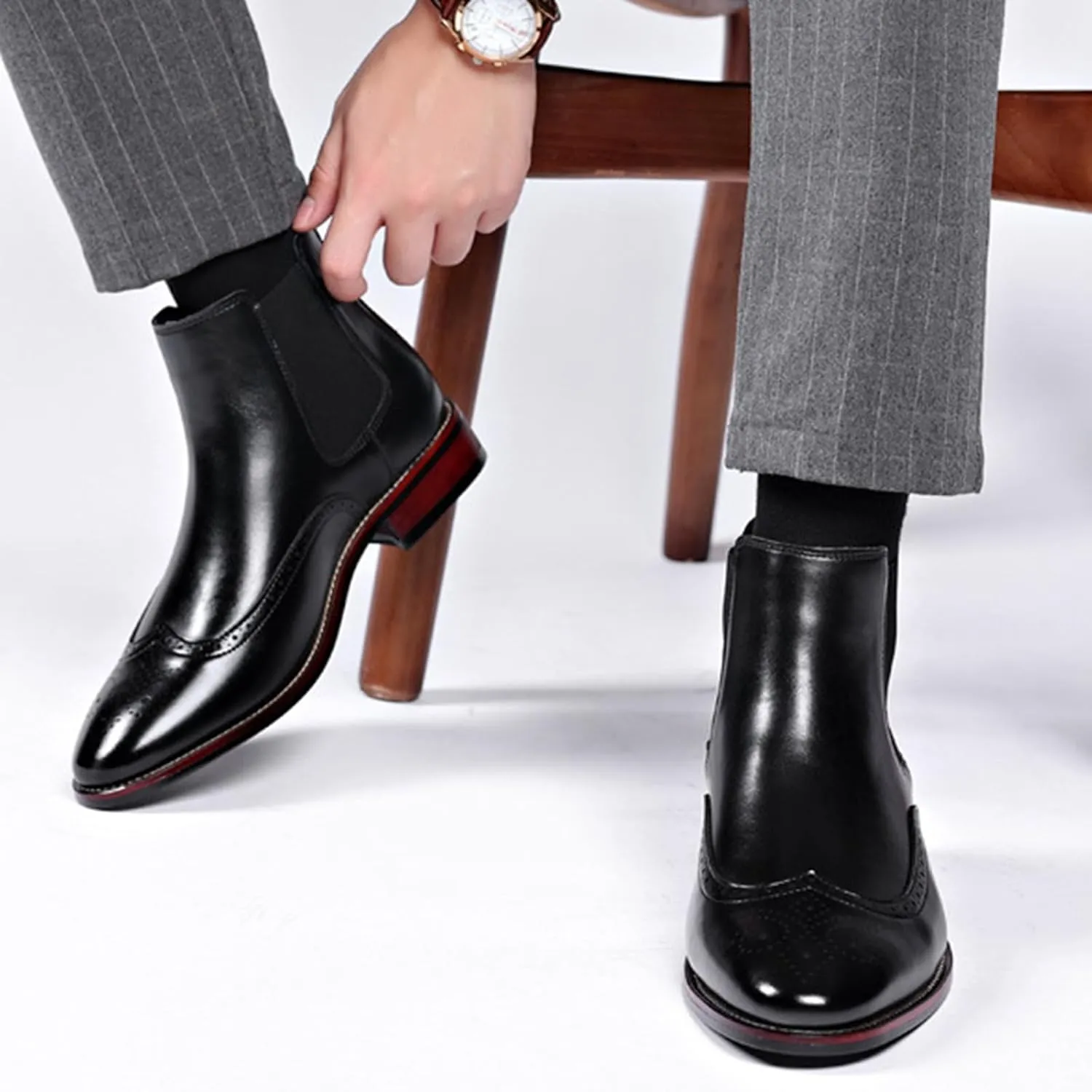 Men's Leather Wingtip Carving Dress Oxford Boots Fashion British Style Pointed Toe Elastic Band Slip On Chelsea Boots Casual Business Formal Ankle Boots
