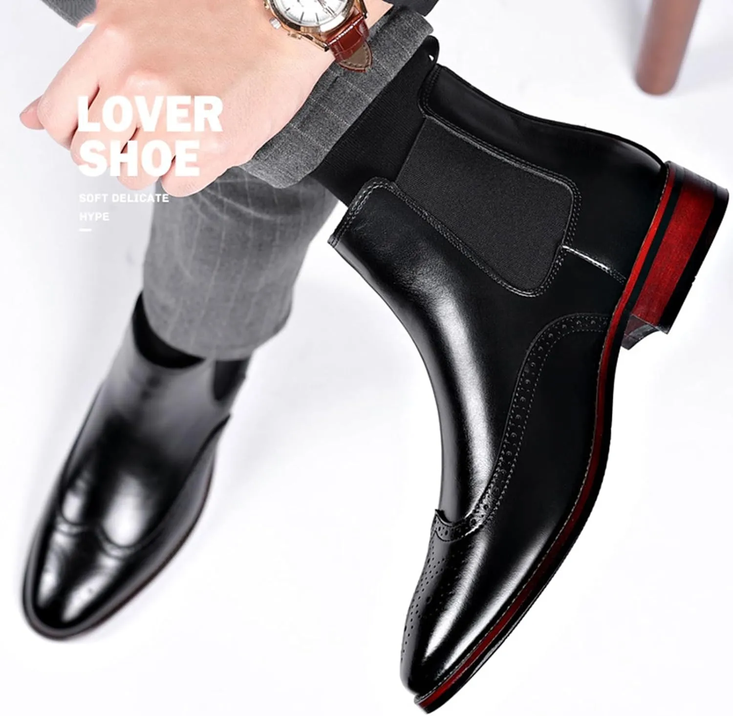 Men's Leather Wingtip Carving Dress Oxford Boots Fashion British Style Pointed Toe Elastic Band Slip On Chelsea Boots Casual Business Formal Ankle Boots