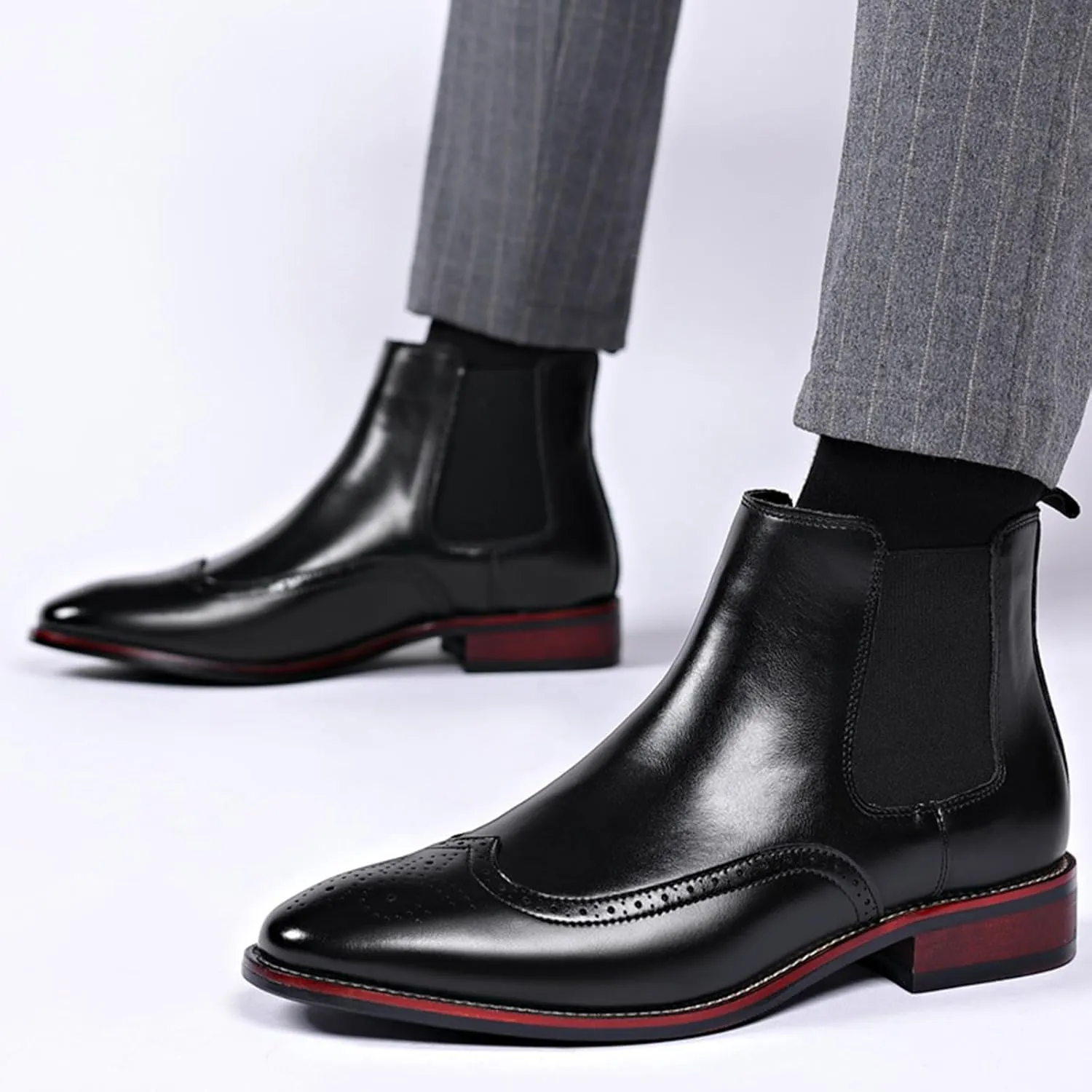Men's Leather Wingtip Carving Dress Oxford Boots Fashion British Style Pointed Toe Elastic Band Slip On Chelsea Boots Casual Business Formal Ankle Boots