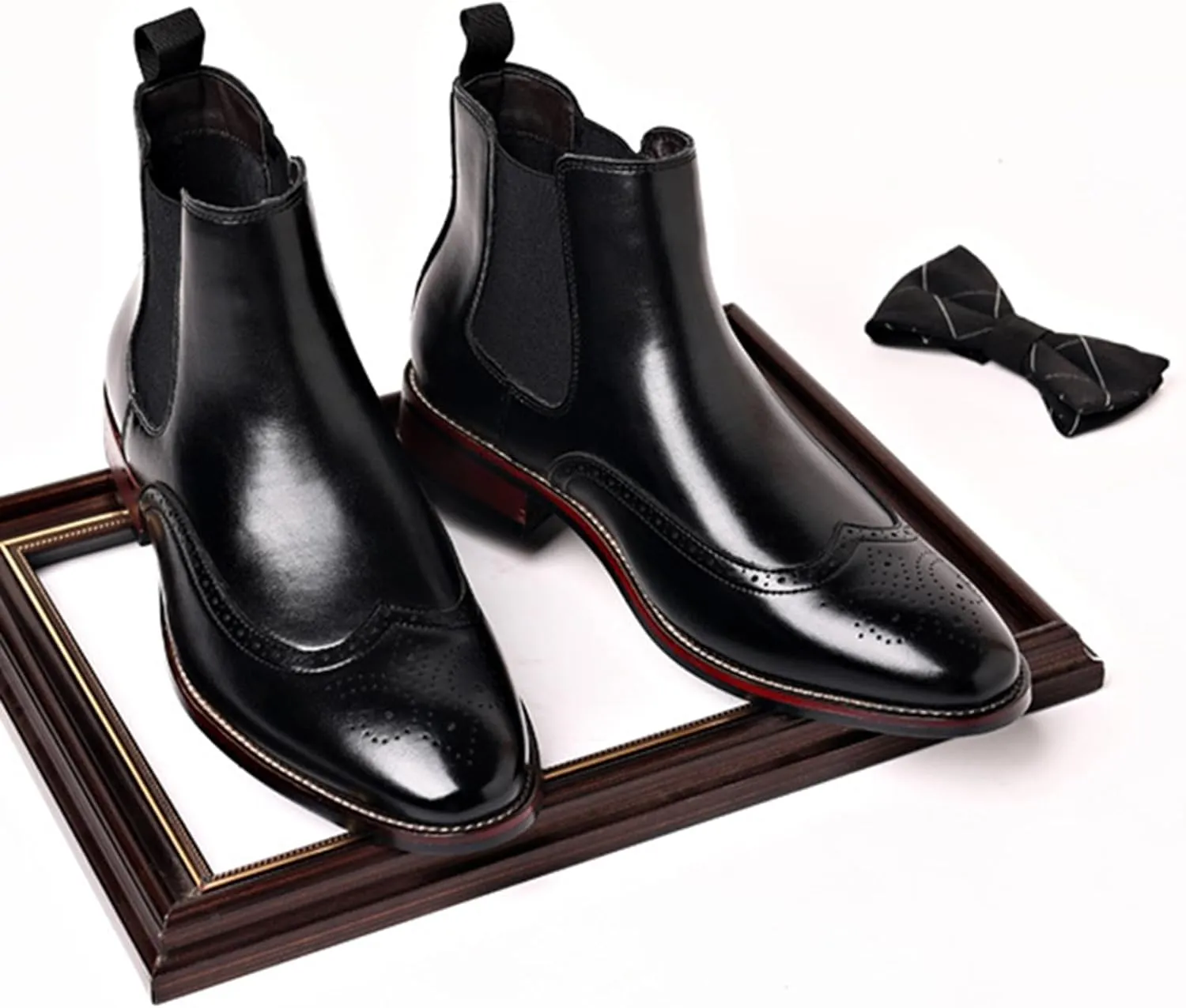 Men's Leather Wingtip Carving Dress Oxford Boots Fashion British Style Pointed Toe Elastic Band Slip On Chelsea Boots Casual Business Formal Ankle Boots