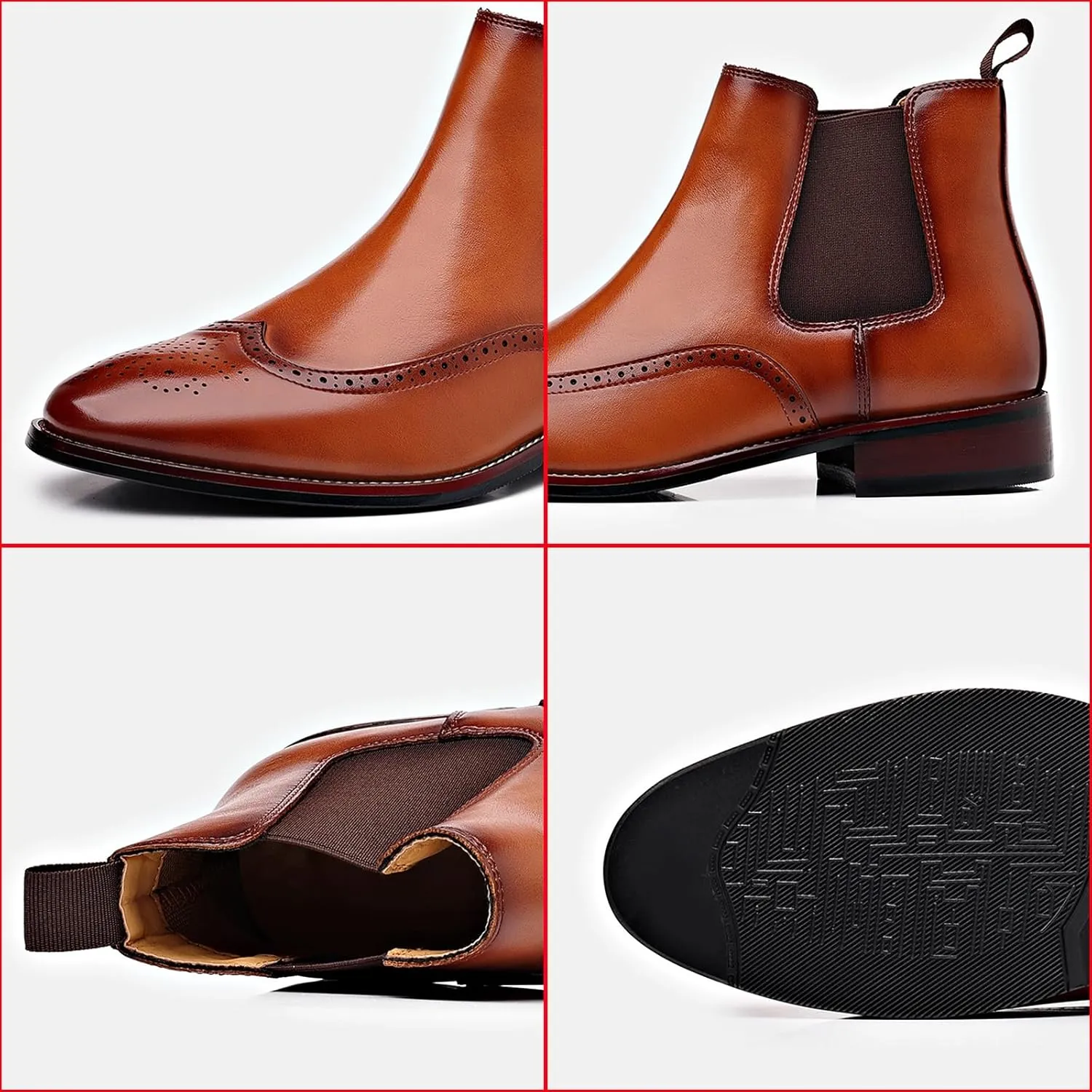 Men's Leather Wingtip Carving Dress Oxford Boots Fashion British Style Pointed Toe Elastic Band Slip On Chelsea Boots Casual Business Formal Ankle Boots