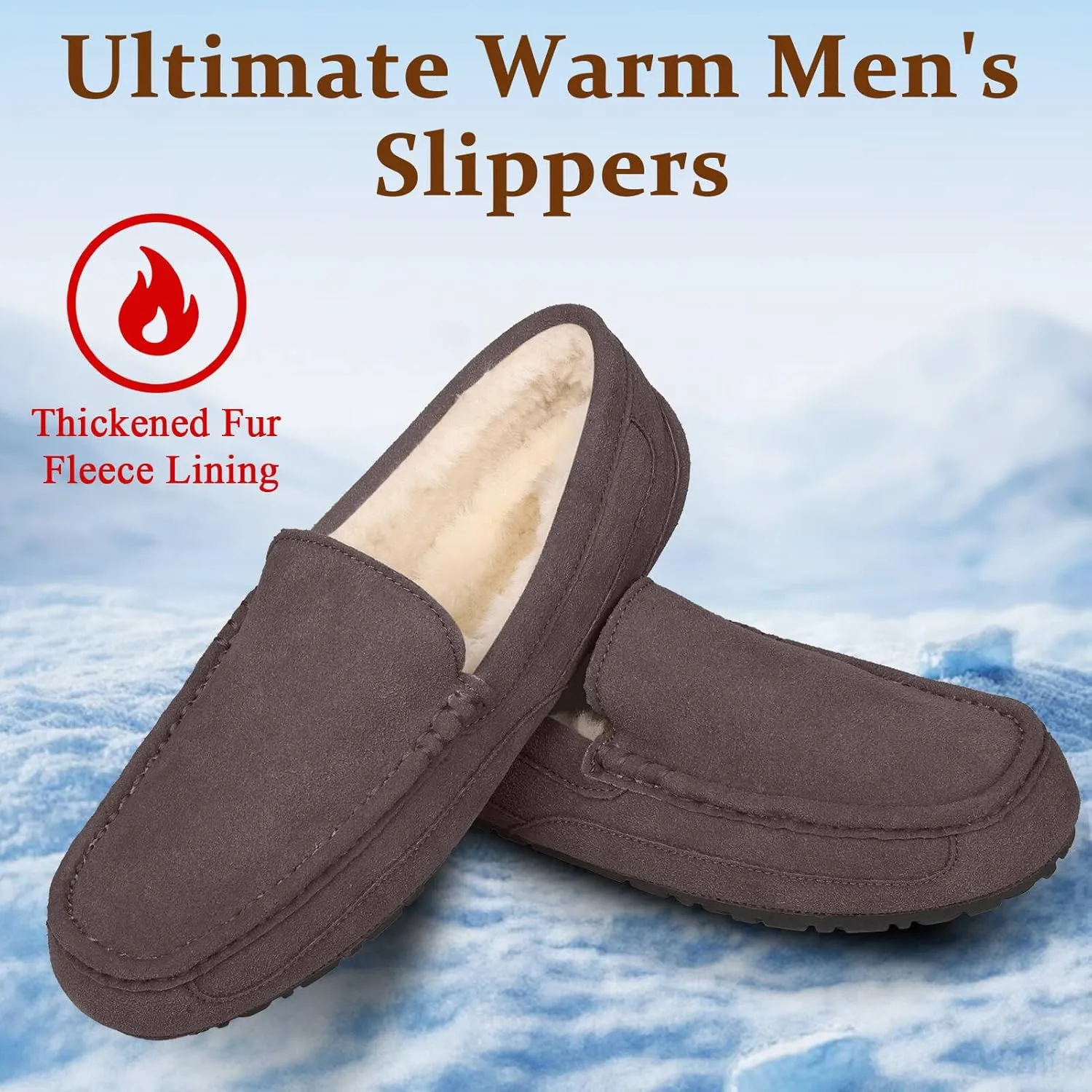 Mens Moccasin Slippers House Slippers for Men Slip-On Mens Loafers Breathable Suede Cozy Fur Lined Loafers for Men for Indoor & Outdoor