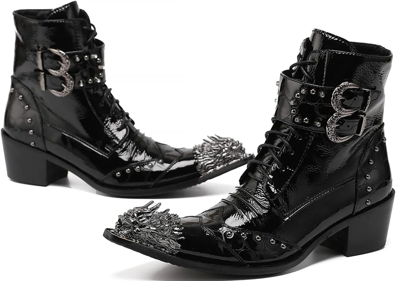 Mens Oxfords Boots Casual Dress Cowboy Boots Genuine Leather Metal Wingtip Toe Rivets Western Boots Fashion Ballroom Tuxedo Party Disco Rock Singer Prom Wedding Mid Top Boots for Men
