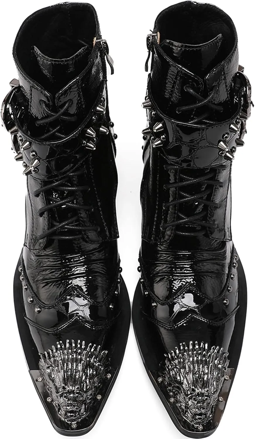 Mens Oxfords Boots Casual Dress Cowboy Boots Genuine Leather Metal Wingtip Toe Rivets Western Boots Fashion Ballroom Tuxedo Party Disco Rock Singer Prom Wedding Mid Top Boots for Men