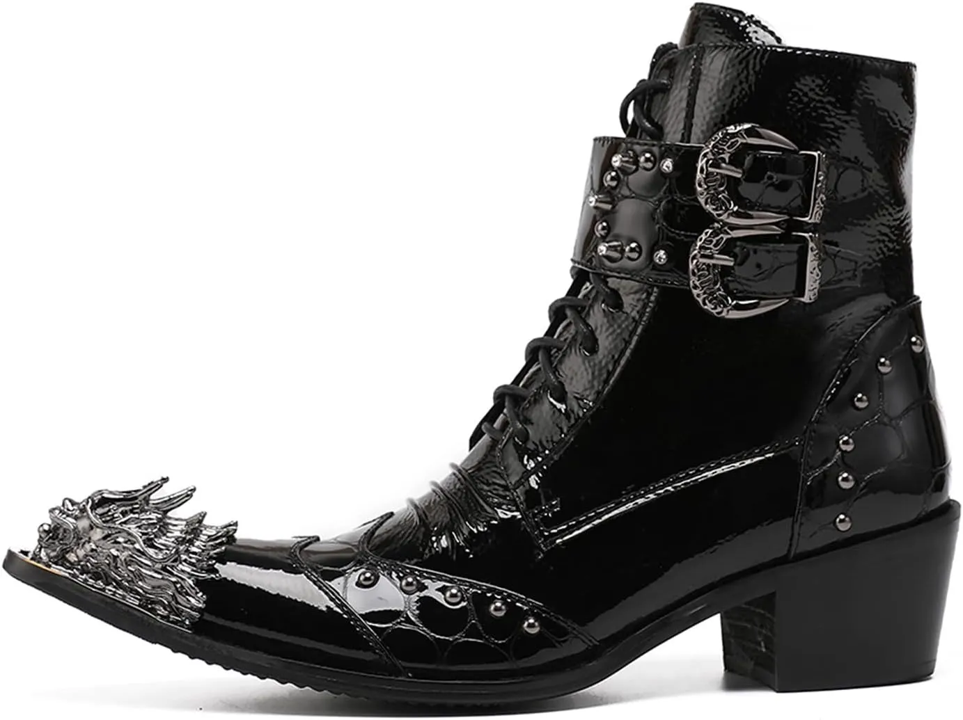 Mens Oxfords Boots Casual Dress Cowboy Boots Genuine Leather Metal Wingtip Toe Rivets Western Boots Fashion Ballroom Tuxedo Party Disco Rock Singer Prom Wedding Mid Top Boots for Men