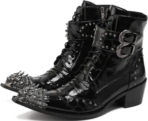 Mens Oxfords Boots Casual Dress Cowboy Boots Genuine Leather Metal Wingtip Toe Rivets Western Boots Fashion Ballroom Tuxedo Party Disco Rock Singer Prom Wedding Mid Top Boots for Men