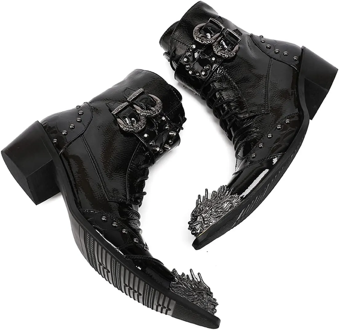 Mens Oxfords Boots Casual Dress Cowboy Boots Genuine Leather Metal Wingtip Toe Rivets Western Boots Fashion Ballroom Tuxedo Party Disco Rock Singer Prom Wedding Mid Top Boots for Men
