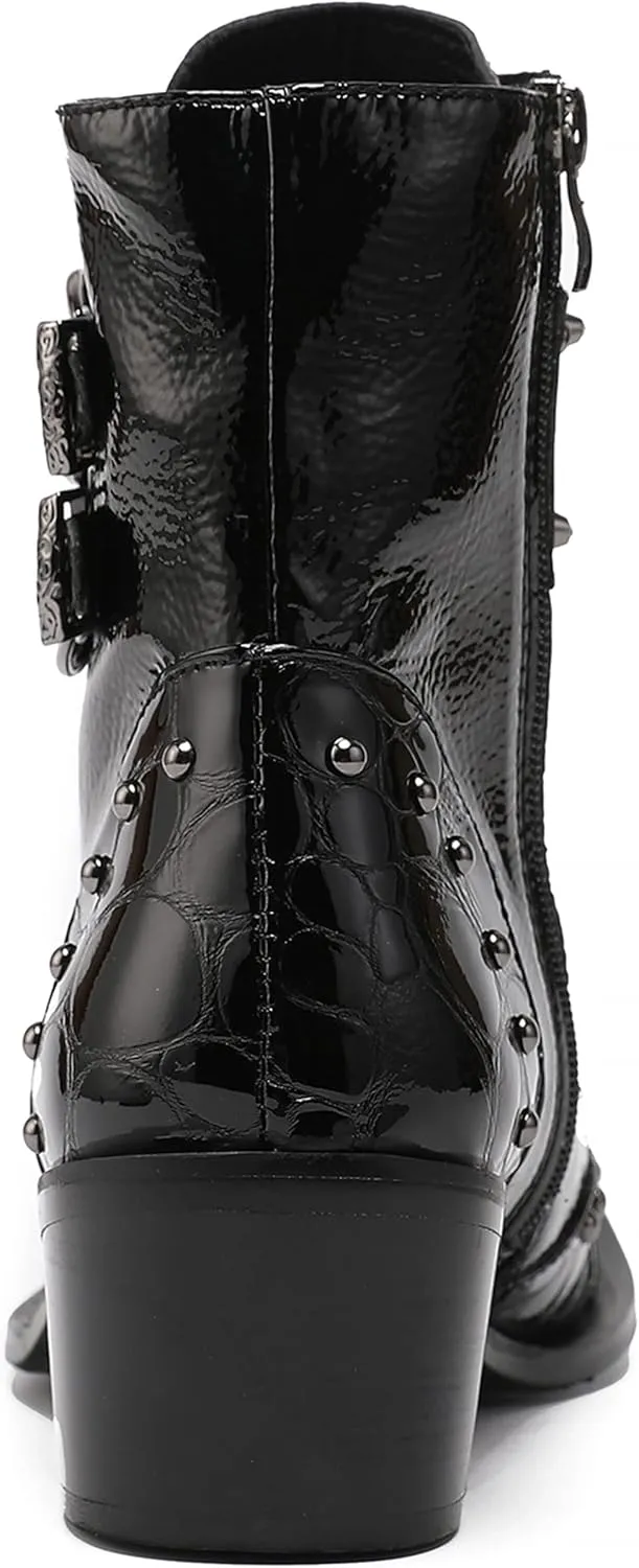 Mens Oxfords Boots Casual Dress Cowboy Boots Genuine Leather Metal Wingtip Toe Rivets Western Boots Fashion Ballroom Tuxedo Party Disco Rock Singer Prom Wedding Mid Top Boots for Men