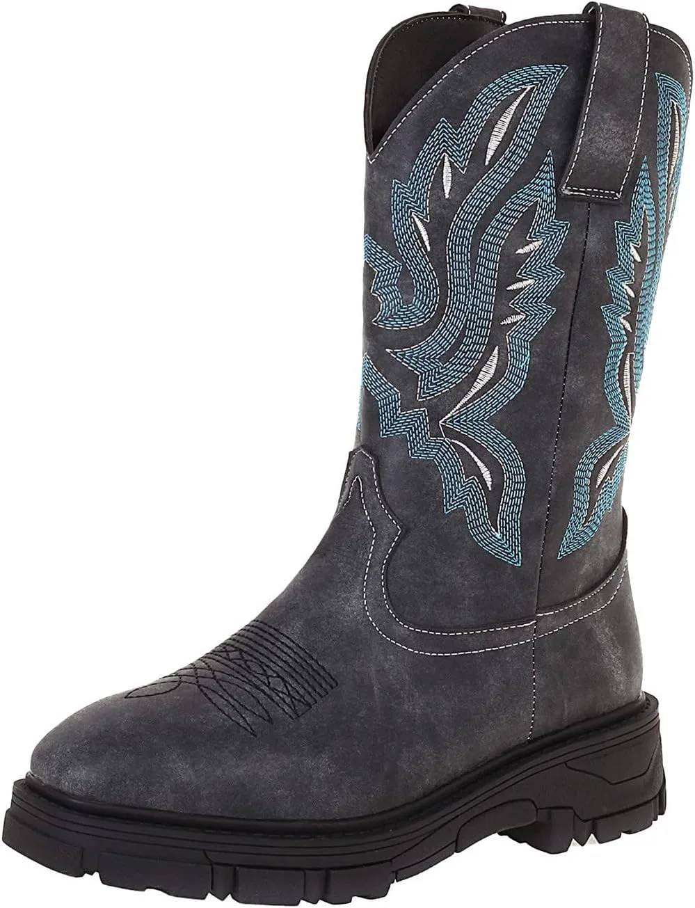 Mens Square Toe Cowboy Boots Embroidered Slip On Work Boots For Men Leather Wide Calf Men's Western Boots