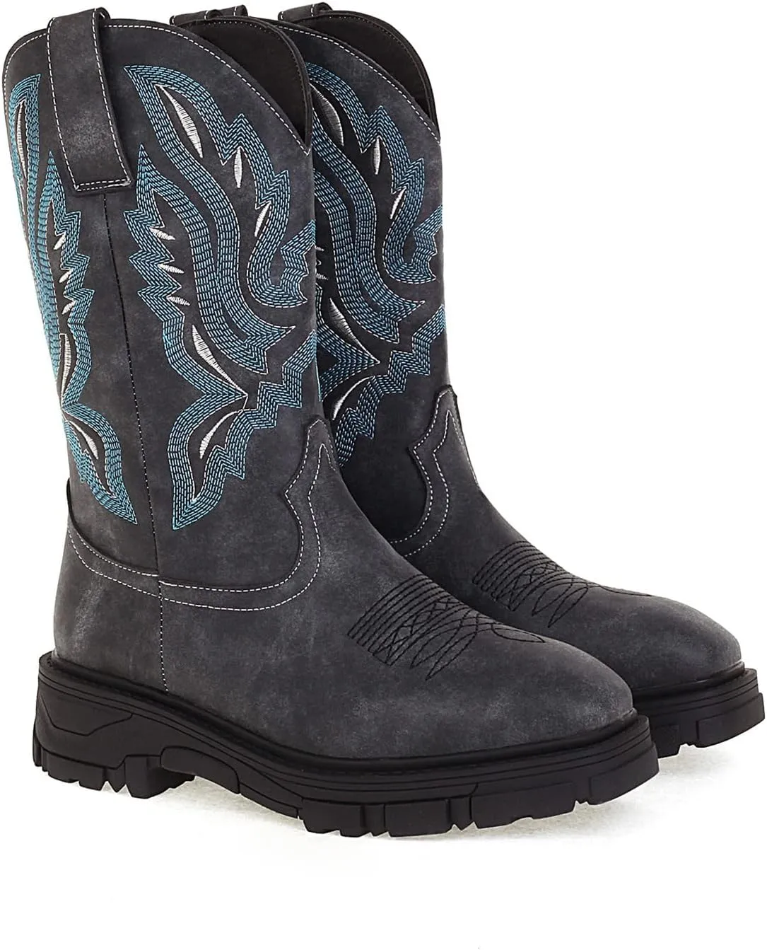Mens Square Toe Cowboy Boots Embroidered Slip On Work Boots For Men Leather Wide Calf Men's Western Boots