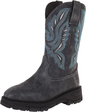 Mens Square Toe Cowboy Boots Embroidered Slip On Work Boots For Men Leather Wide Calf Men's Western Boots
