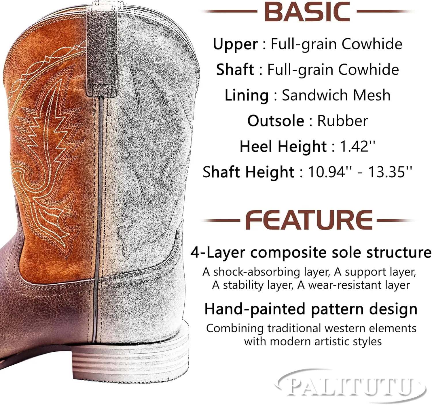 Men’s Western Cowboy Boots, Fashionable Embroidered Full Grain Leather, Square Toe Pull-On, 4-Layer Composite Sole, Slip-Resistant Work & Riding Boots