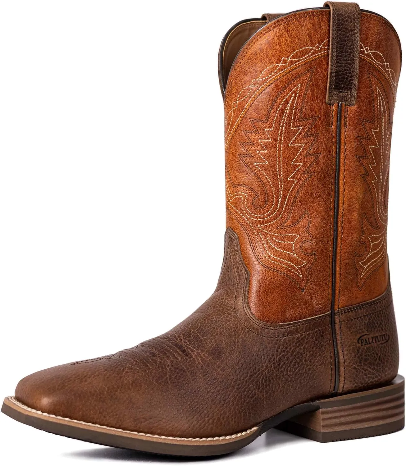 Men’s Western Cowboy Boots, Fashionable Embroidered Full Grain Leather, Square Toe Pull-On, 4-Layer Composite Sole, Slip-Resistant Work & Riding Boots