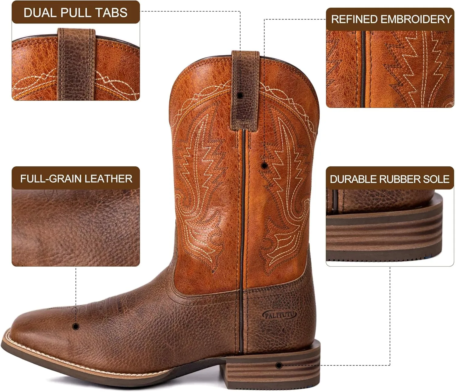 Men’s Western Cowboy Boots, Fashionable Embroidered Full Grain Leather, Square Toe Pull-On, 4-Layer Composite Sole, Slip-Resistant Work & Riding Boots