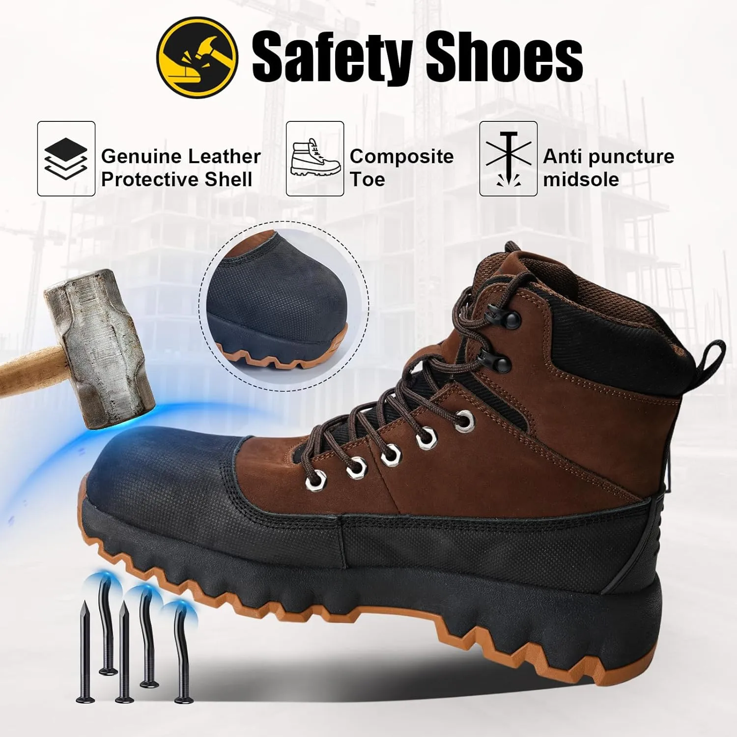 Mens work boots Composite Toe Boots for Men Genuine Leather Rubber Sole No Slip Waterproof Shoes Industrial & Construction Safety boots