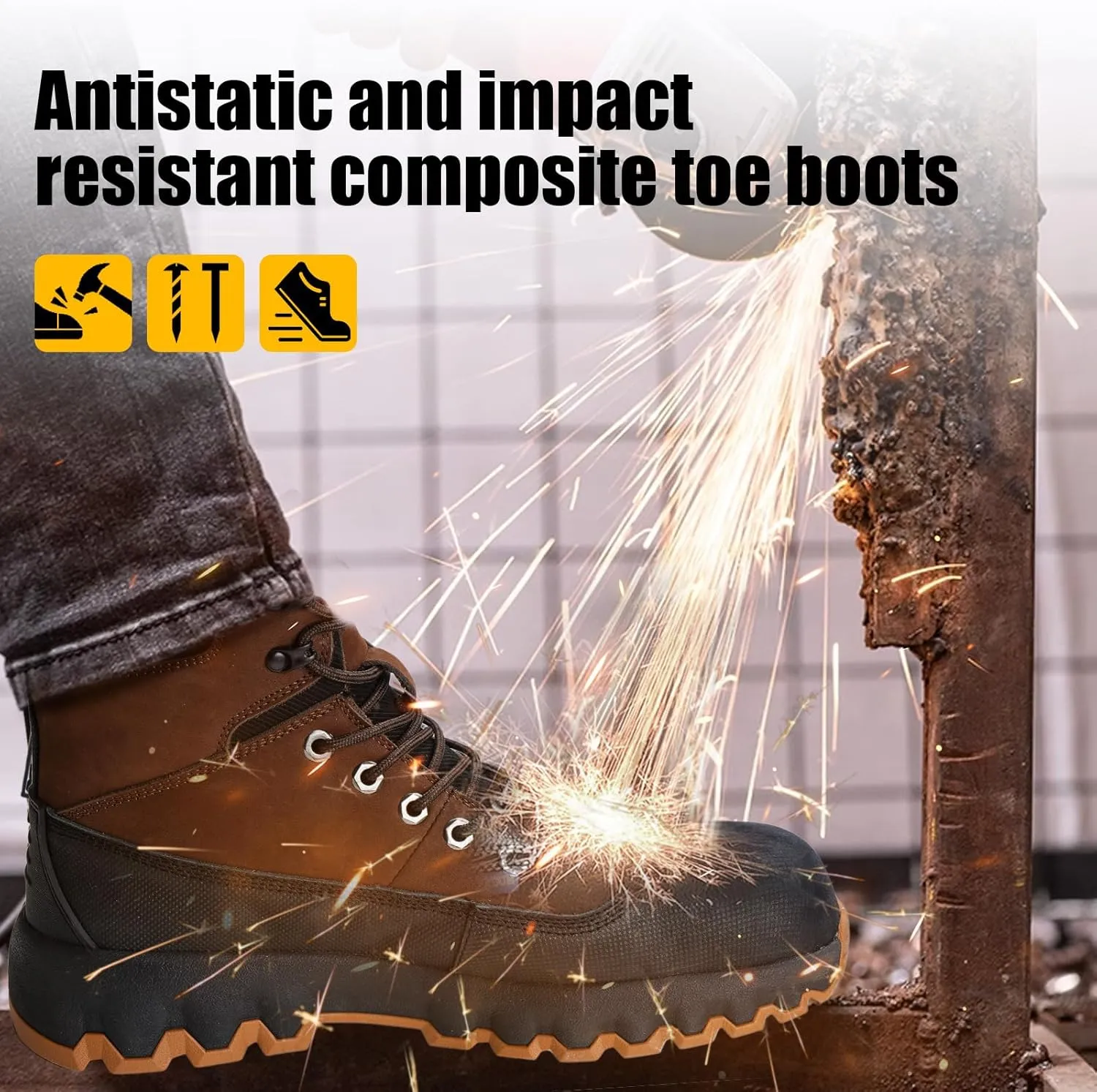 Mens work boots Composite Toe Boots for Men Genuine Leather Rubber Sole No Slip Waterproof Shoes Industrial & Construction Safety boots